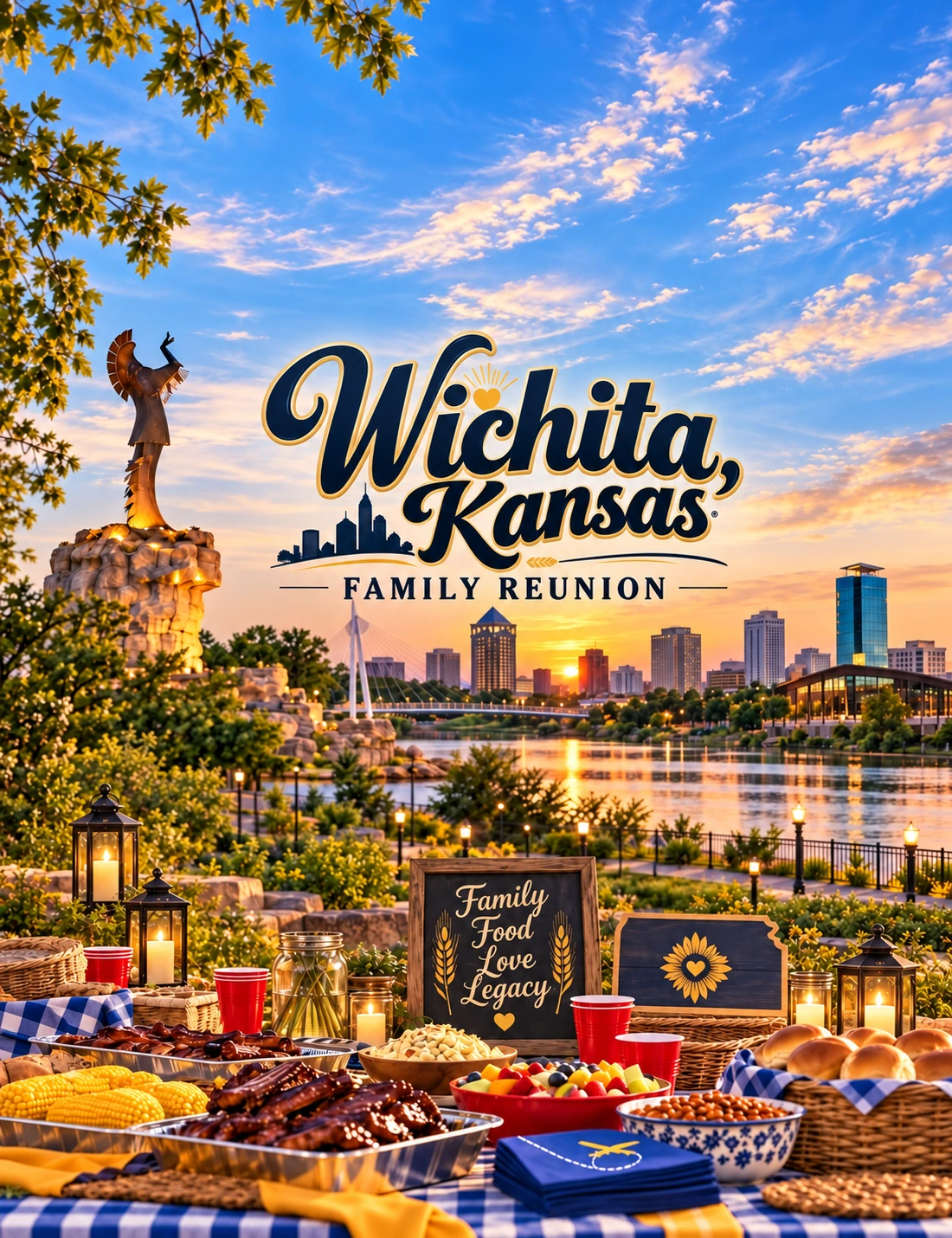 Wichita, Kansas family reunion at sunset with sunflowers, party balloons, Jackson / Greene Family and Hyler / Crews Family hot-air balloons.